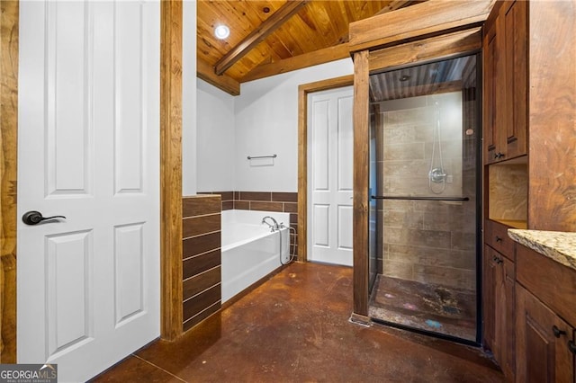1759 Moccasin Gap Rd, Lula, GA 30554 - full bathroom with wood ceiling, finished concrete floors, a garden tub, a shower stall, and beamed ceiling