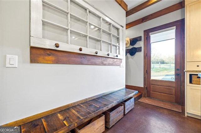 1759 Moccasin Gap Rd, Lula, GA 30554 - mudroom featuring concrete flooring and beamed ceiling