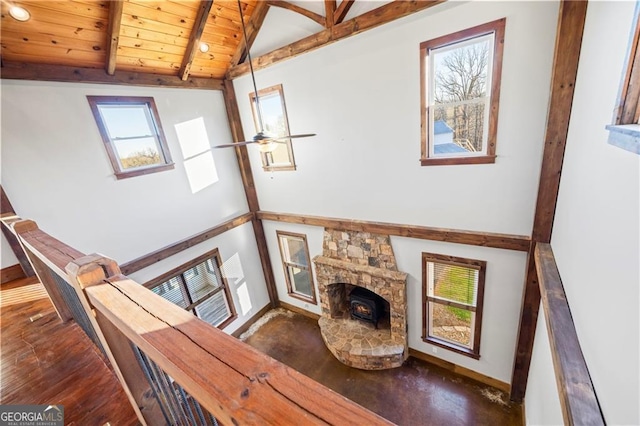 1759 Moccasin Gap Rd, Lula, GA 30554 - living room with wood ceiling, beam ceiling, plenty of natural light, wood finished floors, and a ceiling fan