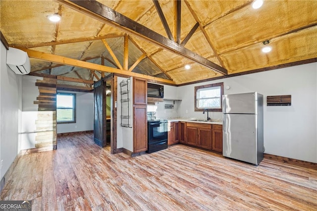 1759 Moccasin Gap Rd, Lula, GA 30554 - kitchen with black appliances, a wall mounted air conditioner, a sink, light wood-style floors, and wooden ceiling