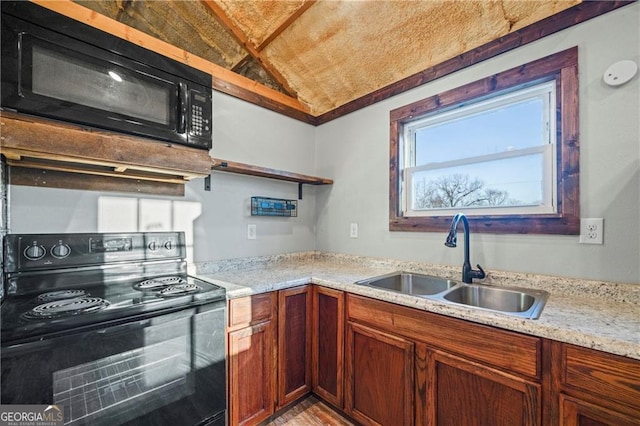 1759 Moccasin Gap Rd, Lula, GA 30554 - kitchen featuring black appliances, a sink, open shelves, vaulted ceiling, and light stone countertops