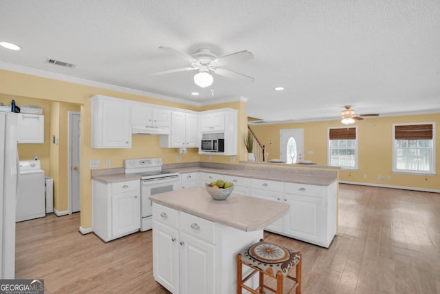 548 Sand Hill Rd, Brooklet, GA 30415 - kitchen featuring stainless steel microwave, washer / clothes dryer, ceiling fan, white electric range, and a peninsula