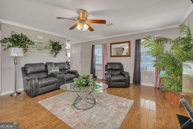104 Sugar Maple Way, Kingsland, GA 31548 - living room featuring wood finished floors, healthy amount of natural light, a ceiling fan, and crown molding