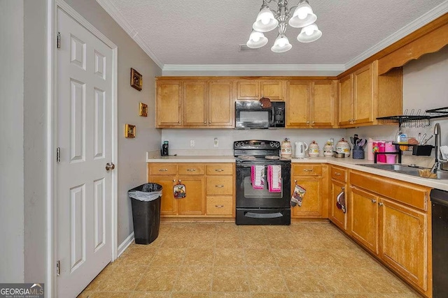 104 Sugar Maple Way, Kingsland, GA 31548 - kitchen featuring black appliances, light countertops, a chandelier, a sink, and brown cabinetry