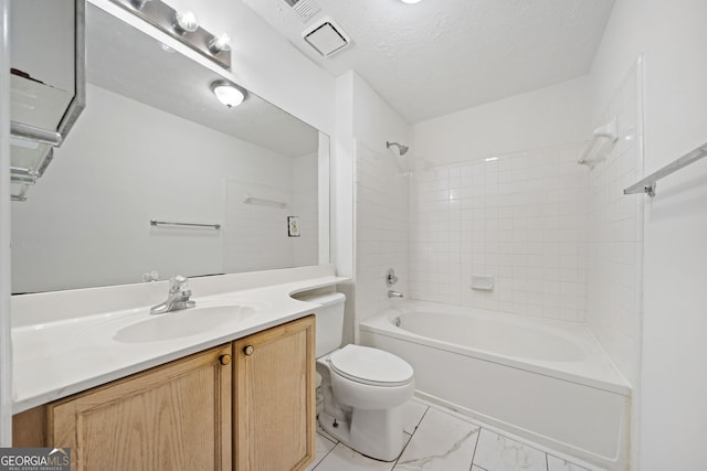 112 Bentley Pl, Tucker, GA 30084 - bathroom with vanity, toilet, bathtub / shower combination, a textured ceiling, and marble finish floor