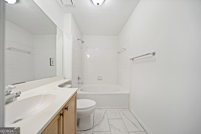 112 Bentley Pl, Tucker, GA 30084 - bathroom with bathtub / shower combination, toilet, vanity, a textured ceiling, and marble finish floor
