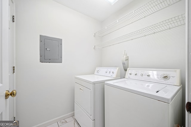 112 Bentley Pl, Tucker, GA 30084 - washroom with electric panel, laundry area, marble finish floor, baseboards, and washer and dryer