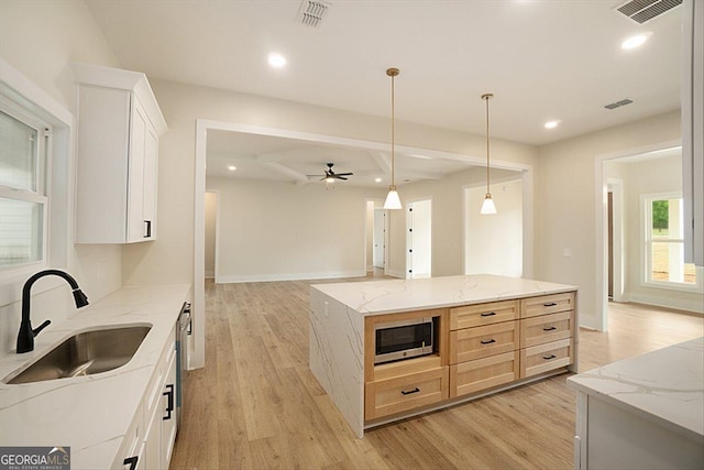 502 Camp Lake Rd, Monroe, GA 30655 - kitchen featuring a sink, stainless steel microwave, light wood finished floors, recessed lighting, and hanging light fixtures