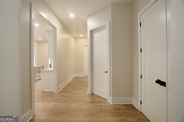 502 Camp Lake Rd, Monroe, GA 30655 - hallway featuring attic access, light wood-type flooring, baseboards, and recessed lighting