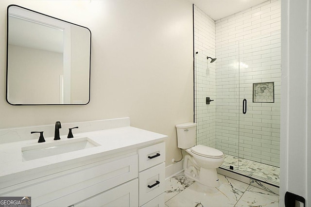 502 Camp Lake Rd, Monroe, GA 30655 - full bathroom featuring marble look tiles, toilet, a shower stall, vanity, and baseboards