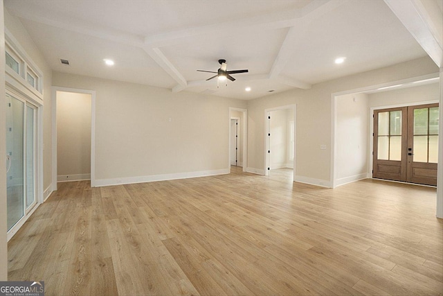 502 Camp Lake Rd, Monroe, GA 30655 - unfurnished living room with french doors, ceiling fan, recessed lighting, light wood-type flooring, and baseboards
