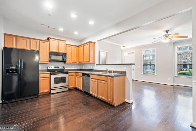 540 Ridge View Xing, Woodstock, GA 30188 - kitchen featuring black appliances, a sink, a peninsula, ceiling fan, and dark countertops