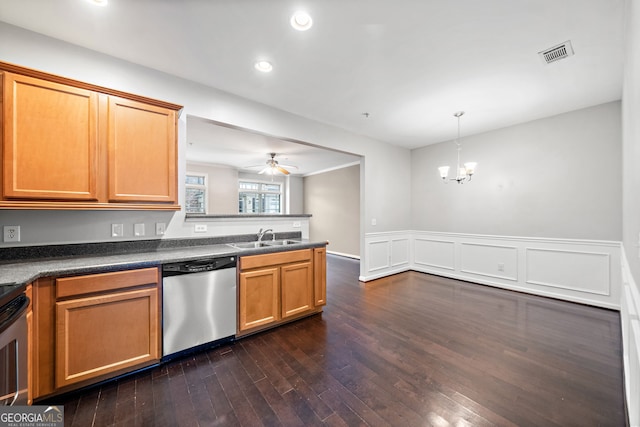 540 Ridge View Xing, Woodstock, GA 30188 - kitchen featuring dishwasher, a sink, a ceiling fan, dark wood finished floors, and a peninsula