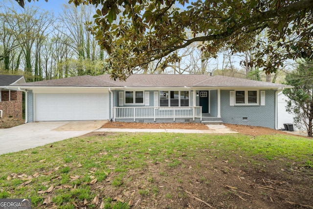 3069 Thrasher Cir, Decatur, GA 30032 - ranch-style house with a porch, an attached garage, brick siding, driveway, and a front yard