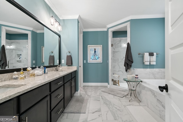 full bathroom with marble finish floor, ornamental molding, a sink, and a marble finish shower