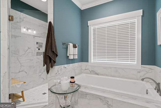 bathroom featuring ornamental molding, a marble finish shower, and a garden tub