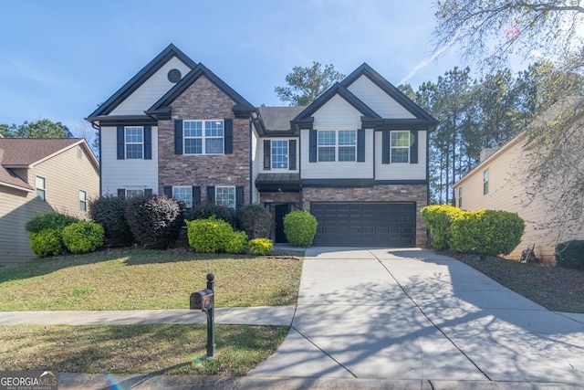 craftsman inspired home featuring stone siding, an attached garage, concrete driveway, and a front yard
