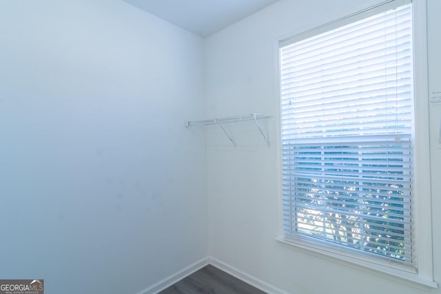 walk in closet with wood finished floors