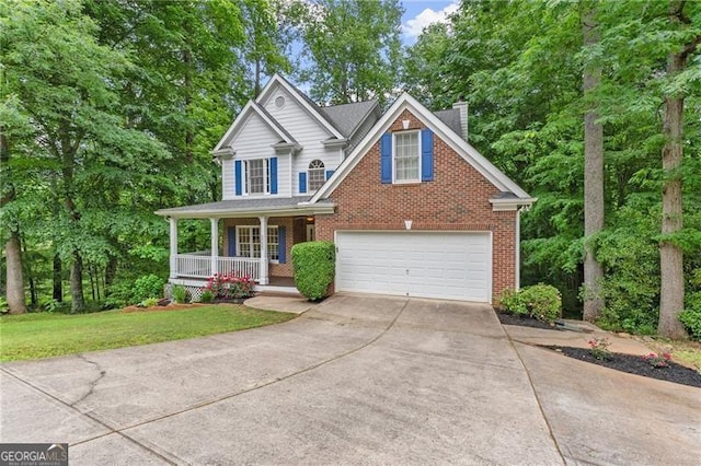 5055 Hamptons Club Dr, Alpharetta, GA 30004 - traditional-style home with brick siding, concrete driveway, covered porch, a chimney, and a garage