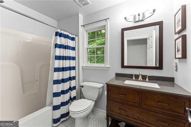 5055 Hamptons Club Dr, Alpharetta, GA 30004 - full bathroom featuring vanity, shower / bath combo with shower curtain, and tile patterned flooring