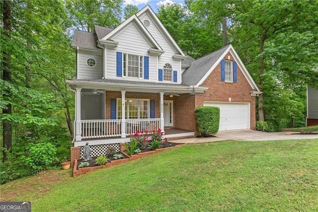 5055 Hamptons Club Dr, Alpharetta, GA 30004 - traditional-style home with a porch, brick siding, a front lawn, concrete driveway, and a garage