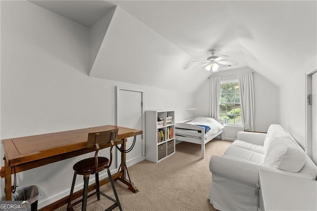 5055 Hamptons Club Dr, Alpharetta, GA 30004 - carpeted bedroom featuring lofted ceiling and a ceiling fan