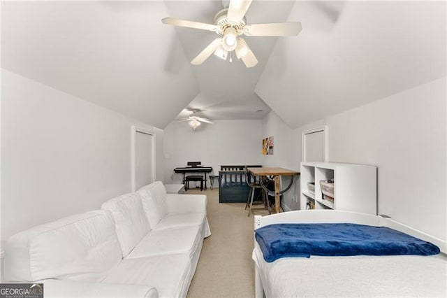 5055 Hamptons Club Dr, Alpharetta, GA 30004 - bedroom featuring lofted ceiling, light carpet, and ceiling fan