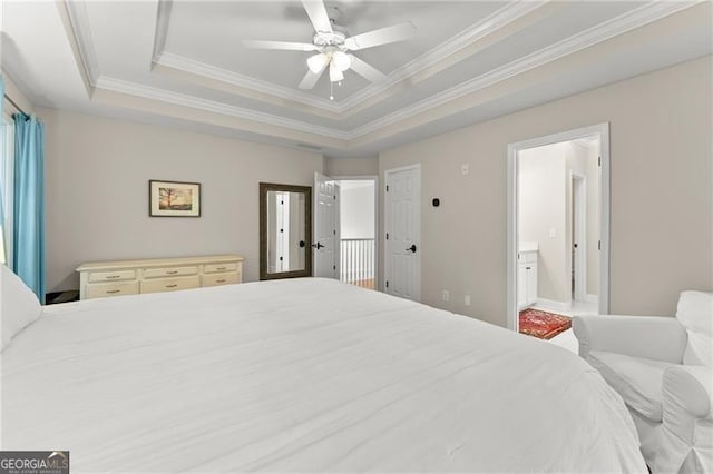 5055 Hamptons Club Dr, Alpharetta, GA 30004 - bedroom featuring a raised ceiling, ornamental molding, and ceiling fan