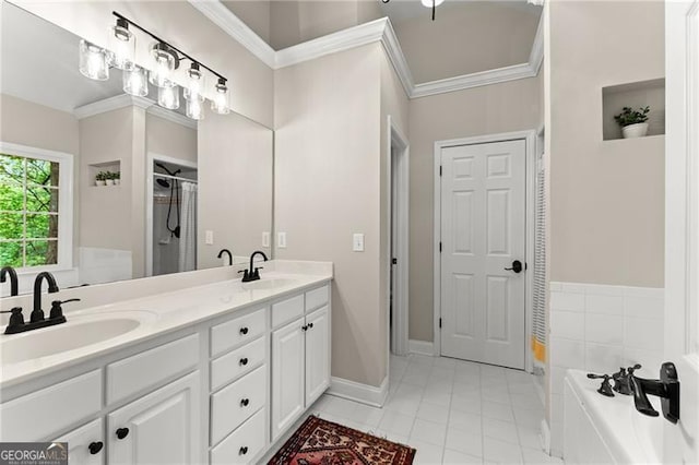 5055 Hamptons Club Dr, Alpharetta, GA 30004 - bathroom with crown molding, double vanity, a garden tub, and tile patterned flooring