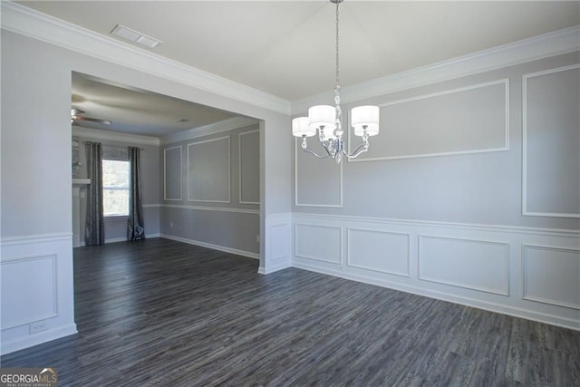 190 Crown Pointe Dr, Dawsonville, GA 30534 - unfurnished dining area featuring a decorative wall, a chandelier, crown molding, dark wood-style floors, and ceiling fan