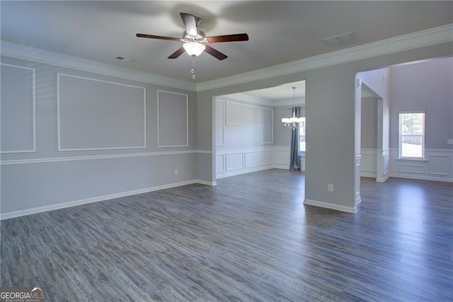 190 Crown Pointe Dr, Dawsonville, GA 30534 - unfurnished room featuring a decorative wall, a chandelier, a ceiling fan, dark wood-style floors, and crown molding
