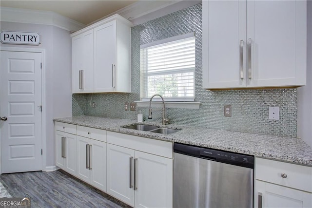 190 Crown Pointe Dr, Dawsonville, GA 30534 - kitchen featuring stainless steel dishwasher, a sink, white cabinetry, wood finished floors, and backsplash
