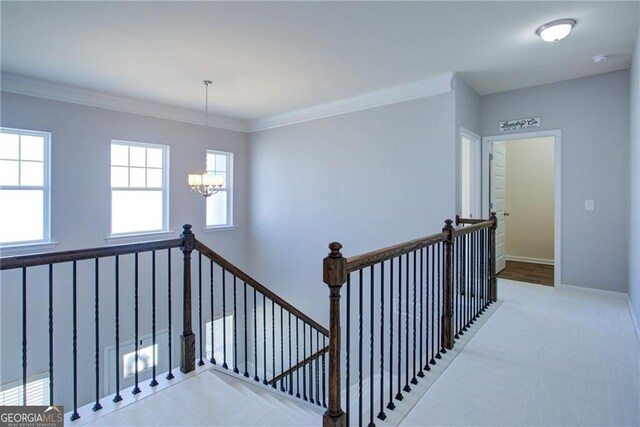 190 Crown Pointe Dr, Dawsonville, GA 30534 - staircase with a chandelier, ornamental molding, carpet flooring, and baseboards