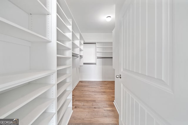 walk in closet with light wood-style floors