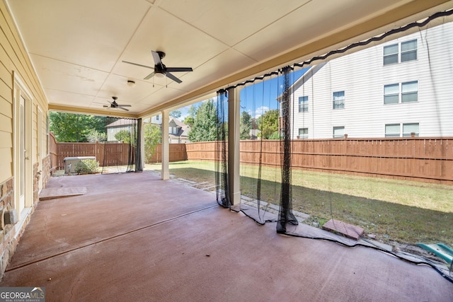 view of patio / terrace with a fenced backyard and a ceiling fan