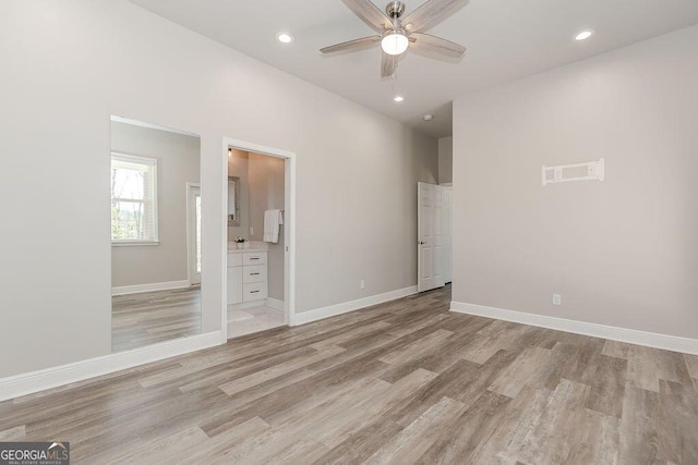 4660 Perry Rd, Gainesville, GA 30506 - unfurnished bedroom with light wood-style floors, recessed lighting, ensuite bath, and a ceiling fan