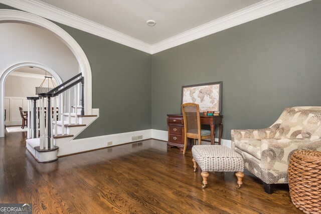 275 Tynebrae Pl, Roswell, GA 30075 - entryway with stairs, arched walkways, and dark wood finished floors