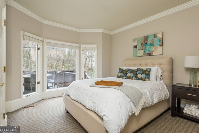 275 Tynebrae Pl, Roswell, GA 30075 - bedroom with dark carpet, ornamental molding, access to outside, and visible vents