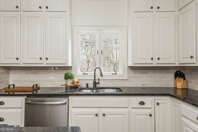 275 Tynebrae Pl, Roswell, GA 30075 - kitchen with white cabinetry, stainless steel dishwasher, decorative backsplash, and a sink