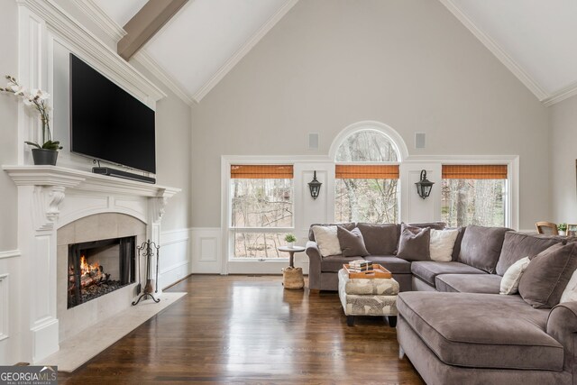 275 Tynebrae Pl, Roswell, GA 30075 - living room featuring dark wood-style floors, ceiling fan, high vaulted ceiling, and beam ceiling