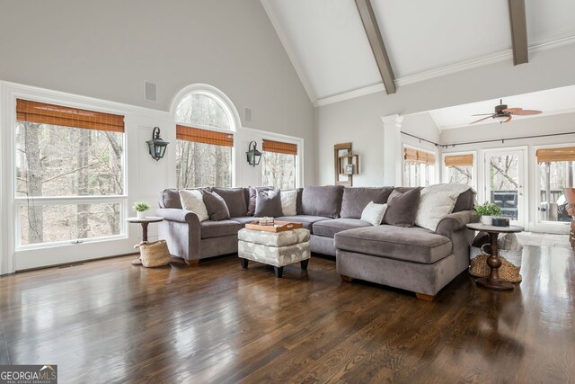 275 Tynebrae Pl, Roswell, GA 30075 - living area featuring ceiling fan, high vaulted ceiling, dark wood-type flooring, and beam ceiling
