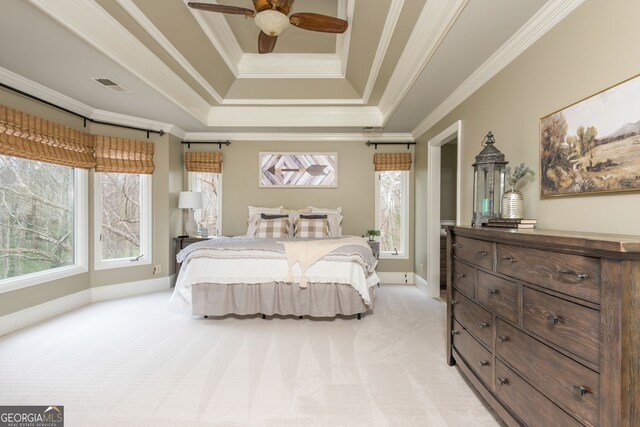 275 Tynebrae Pl, Roswell, GA 30075 - bedroom featuring ornamental molding, visible vents, carpet flooring, a tray ceiling, and baseboards
