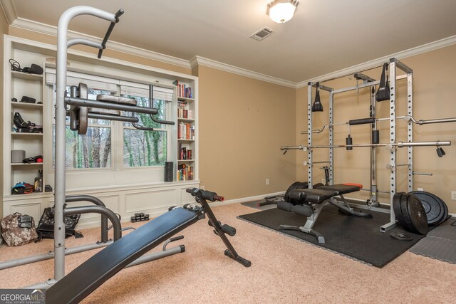 275 Tynebrae Pl, Roswell, GA 30075 - exercise area with ornamental molding, carpet flooring, baseboards, and visible vents