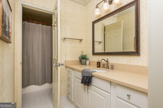 275 Tynebrae Pl, Roswell, GA 30075 - bathroom with tile patterned floors, vanity, and wallpapered walls