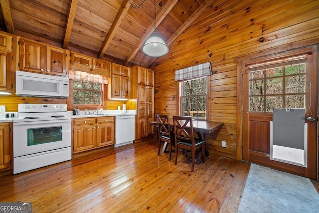 335 Misty Hollow Rd, Ellijay, GA 30536 - kitchen featuring white appliances, light wood-style flooring, light countertops, wooden ceiling, and wood walls