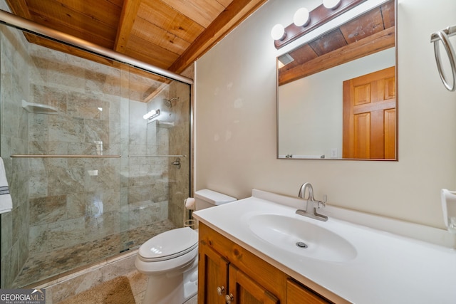 335 Misty Hollow Rd, Ellijay, GA 30536 - bathroom featuring wooden ceiling, toilet, a shower stall, and vanity