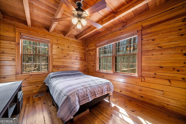 335 Misty Hollow Rd, Ellijay, GA 30536 - bedroom featuring wooden ceiling, beamed ceiling, wooden walls, and hardwood / wood-style floors