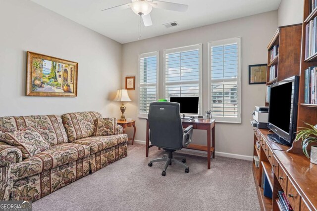 67 Narrowleaf Ln, Dallas, GA 30157 - home office with baseboards, visible vents, carpet, and a ceiling fan