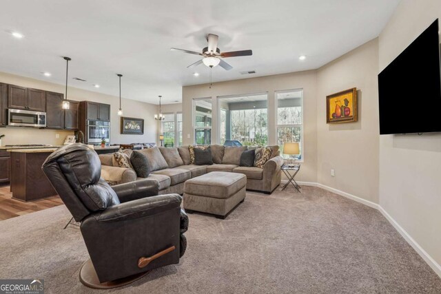 67 Narrowleaf Ln, Dallas, GA 30157 - living room featuring a ceiling fan, light carpet, baseboards, visible vents, and recessed lighting