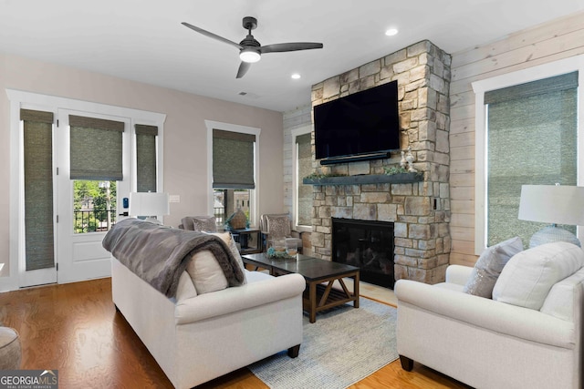 24 Harrison Ln, Blue Ridge, GA 30513 - living room featuring visible vents, a ceiling fan, a fireplace, recessed lighting, and wood finished floors